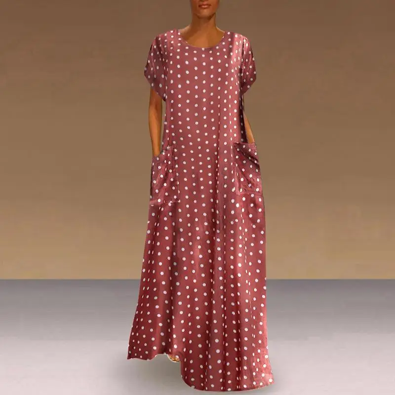 Women Vintage Dot Beach Dress Long Sleeve Collar