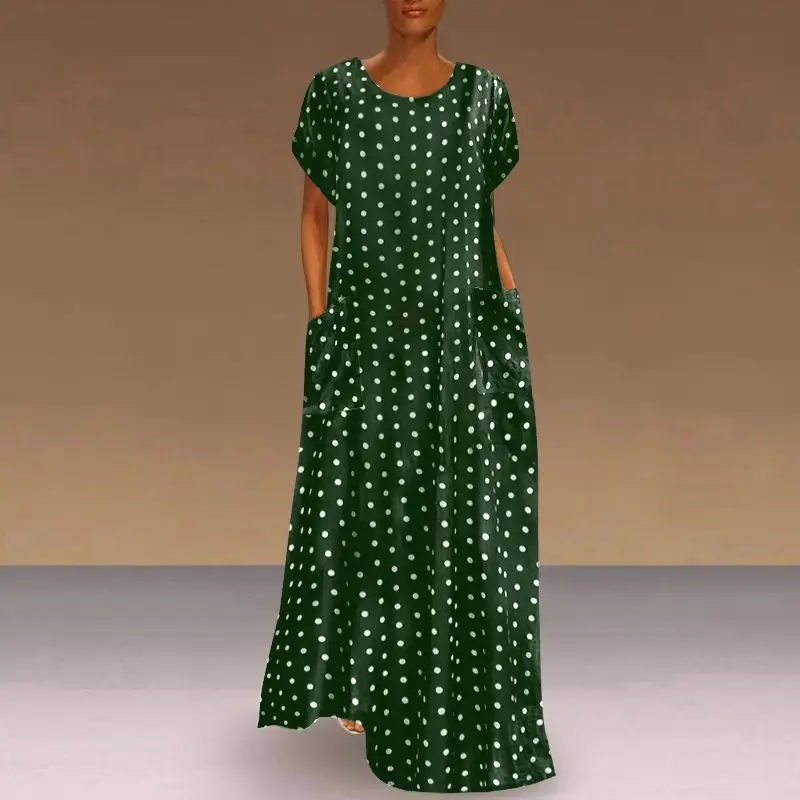 Women Vintage Dot Beach Dress Long Sleeve Collar