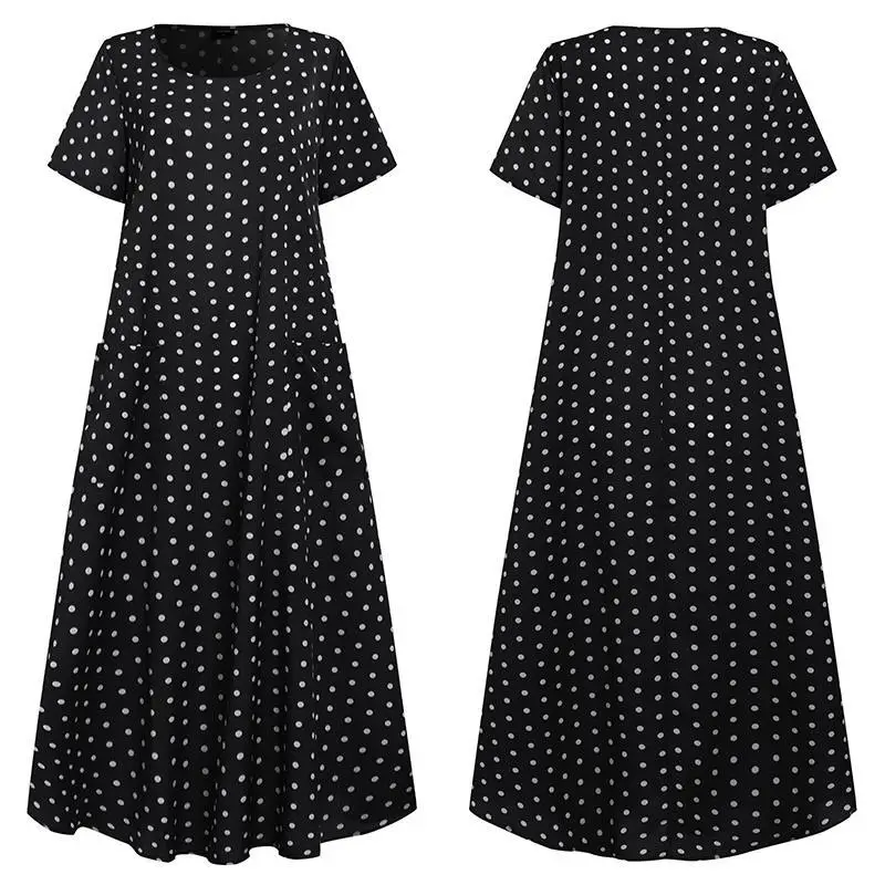 Women Vintage Dot Beach Dress Long Sleeve Collar
