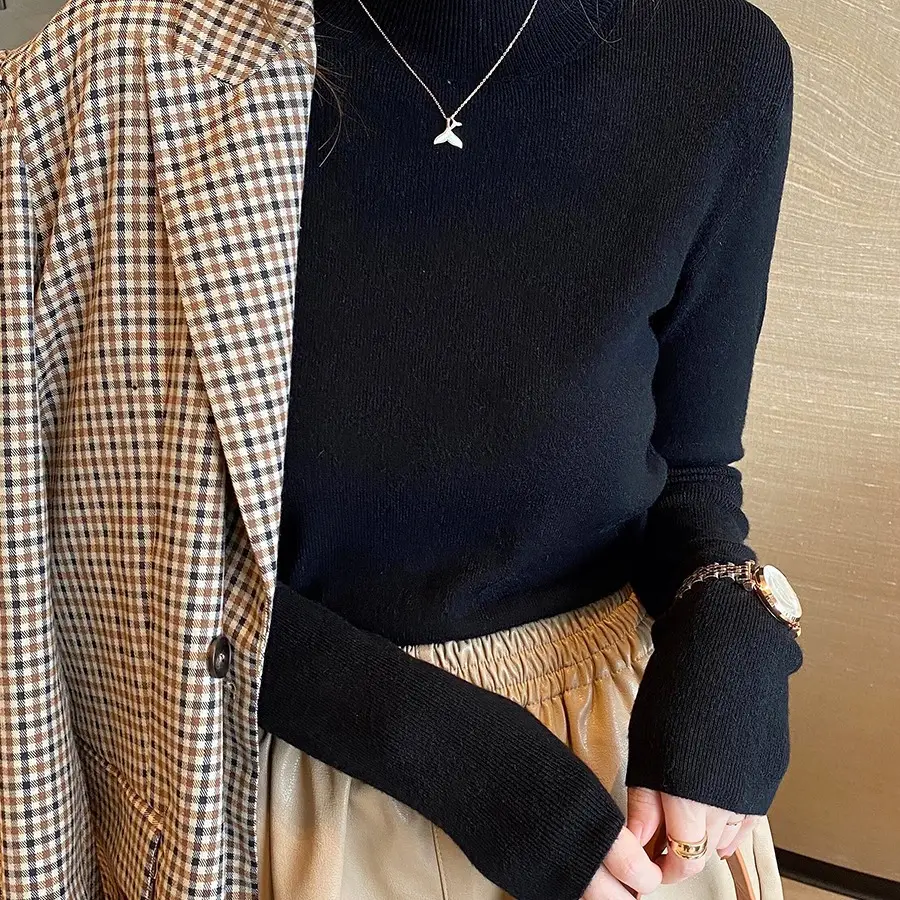 Women's Long Sleeve Knit Sweater Half-High Collar Slim Fit