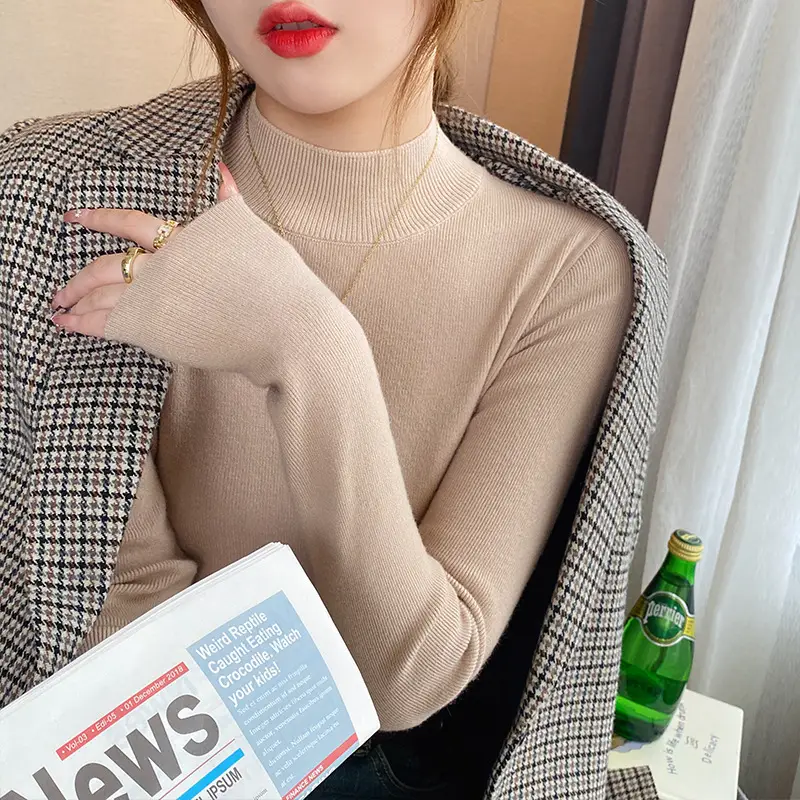Women's Long Sleeve Knit Sweater Half-High Collar Slim Fit