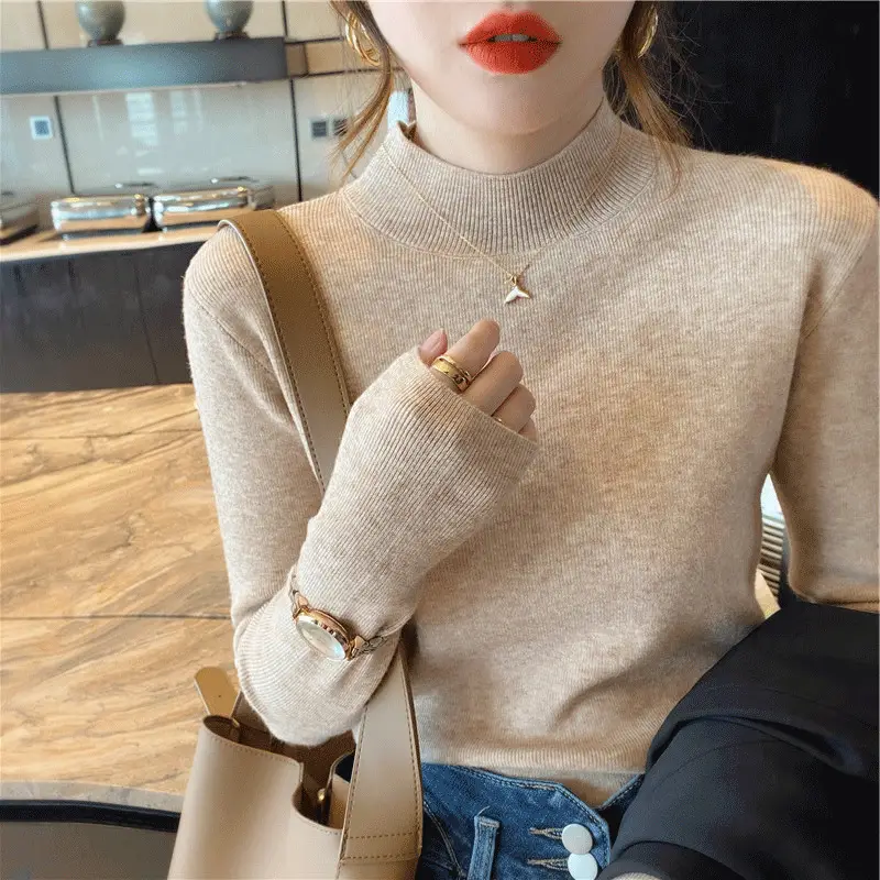 Women's Long Sleeve Knit Sweater Half-High Collar Slim Fit
