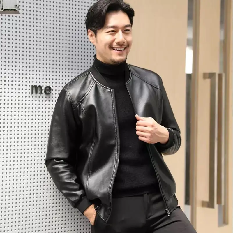Black Leather Bomber Jacket for Men Winter Coat Middle Age - Image 3
