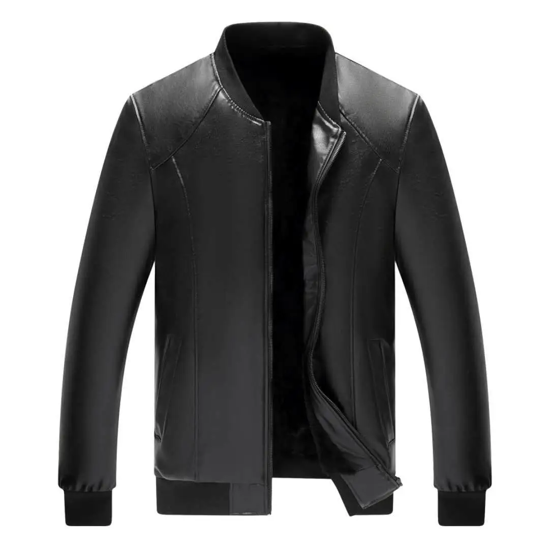 Black Leather Bomber Jacket for Men Winter Coat Middle Age - Image 5