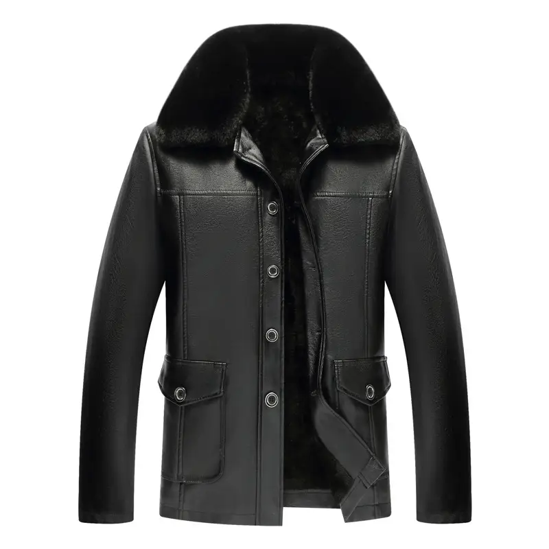 Black Leather Bomber Jacket for Men Winter Coat Middle Age — feature 10
