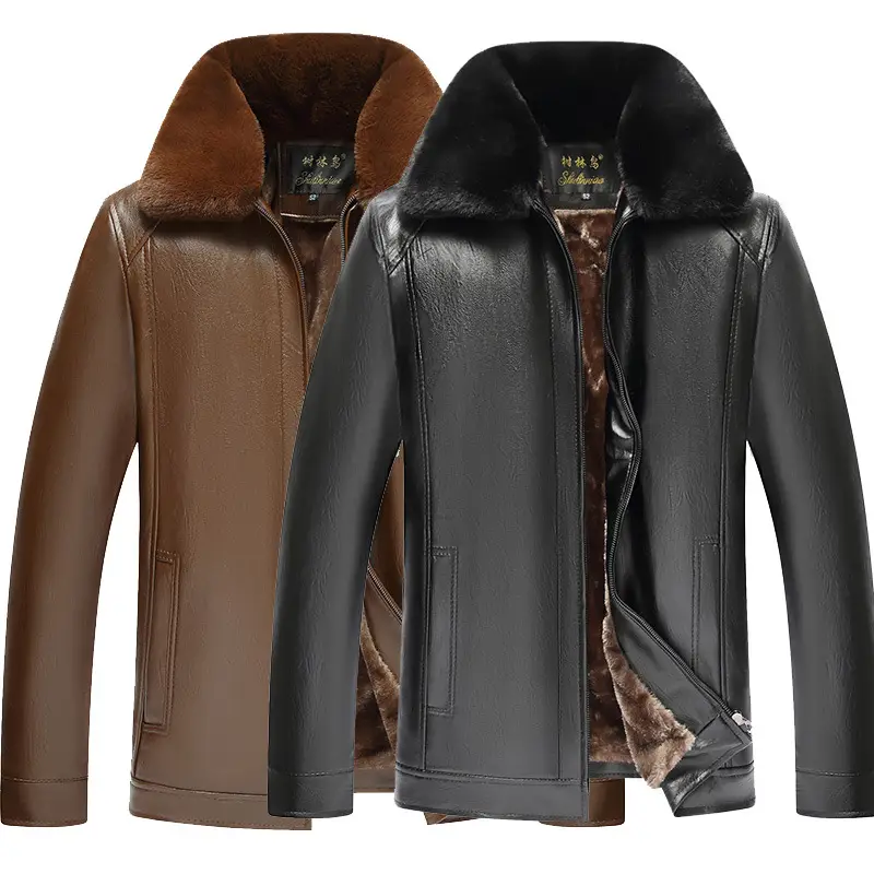 Black Leather Bomber Jacket for Men Winter Coat Middle Age — feature 2