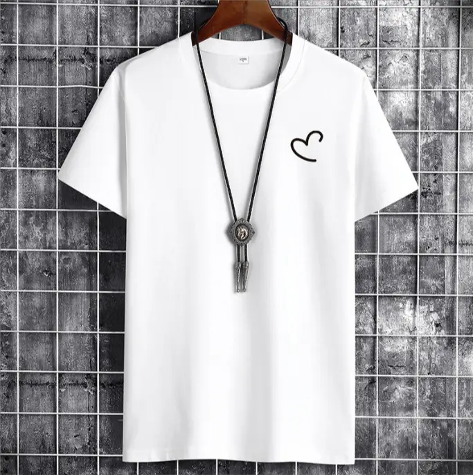 Men White Heart Print T-Shirt Casual Spring Autumn - Image 6