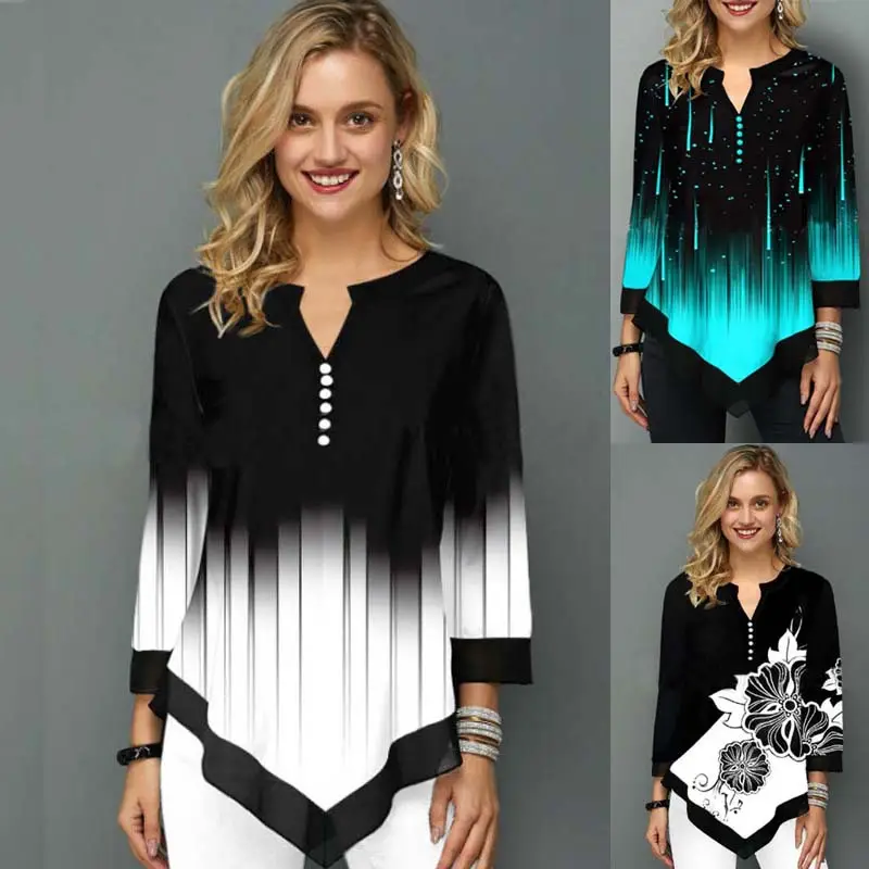 3D Printed V Neck Asymmetrical T-Shirt Black White - Image 4