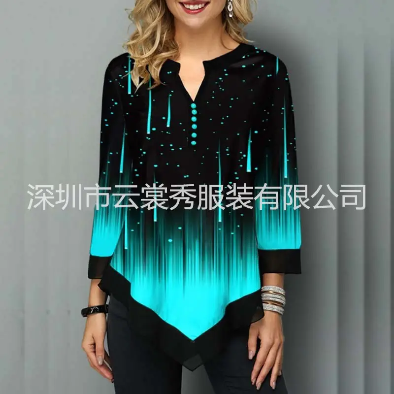 3D Printed V Neck Asymmetrical T-Shirt Black White - Image 2