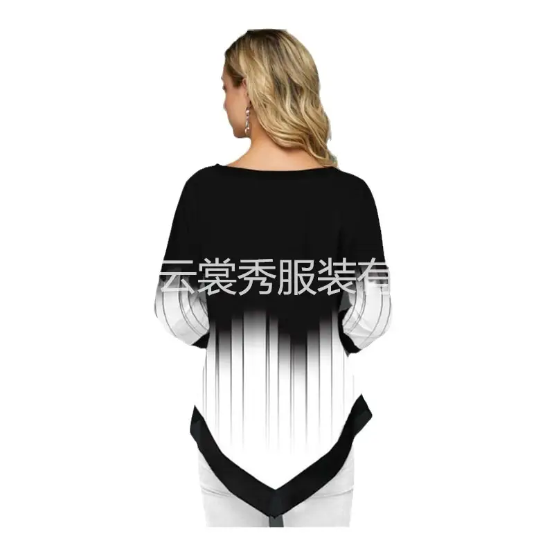 3D Printed V Neck Asymmetrical T-Shirt Black White - Image 5