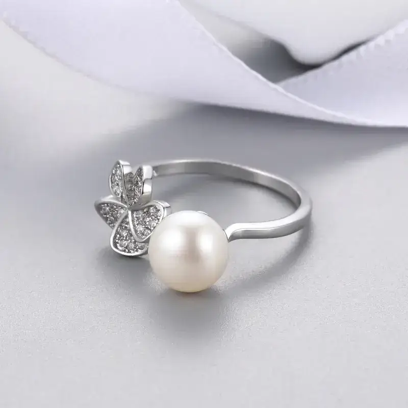 Adjustable Silver Pearl Butterfly Ring for Women - Image 8