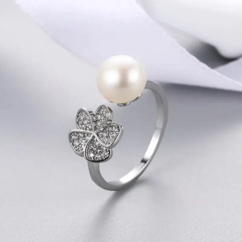 Adjustable Silver Pearl Butterfly Ring for Women - Image 3