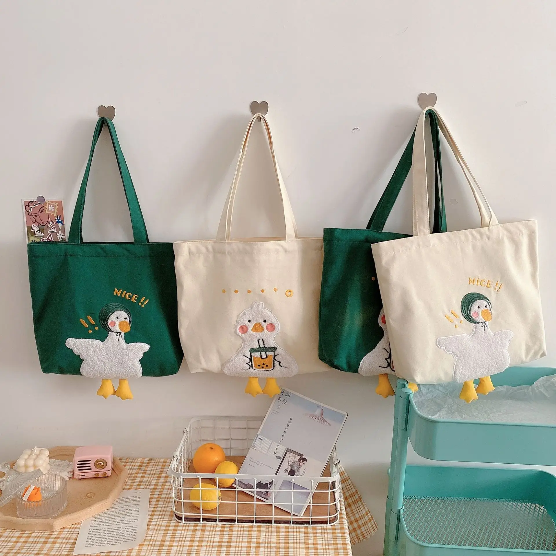 Yeyu Japanese Korean Duck Embroidered Canvas Shoulder Bag - Image 9