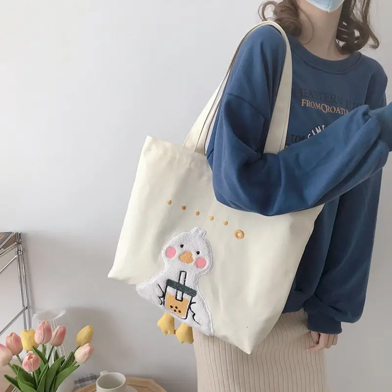 Yeyu Japanese Korean Duck Embroidered Canvas Shoulder Bag - Image 2