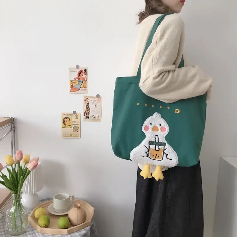 Yeyu Japanese Korean Duck Embroidered Canvas Shoulder Bag - Image 3
