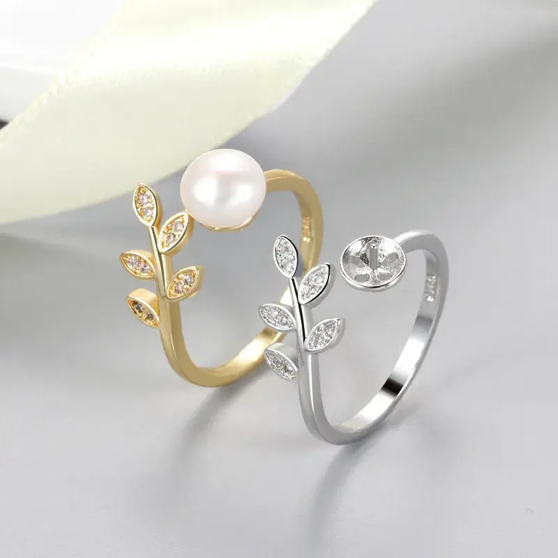 Korean Style Pearl Leaf Open Ring Adjustable Silver - Image 6