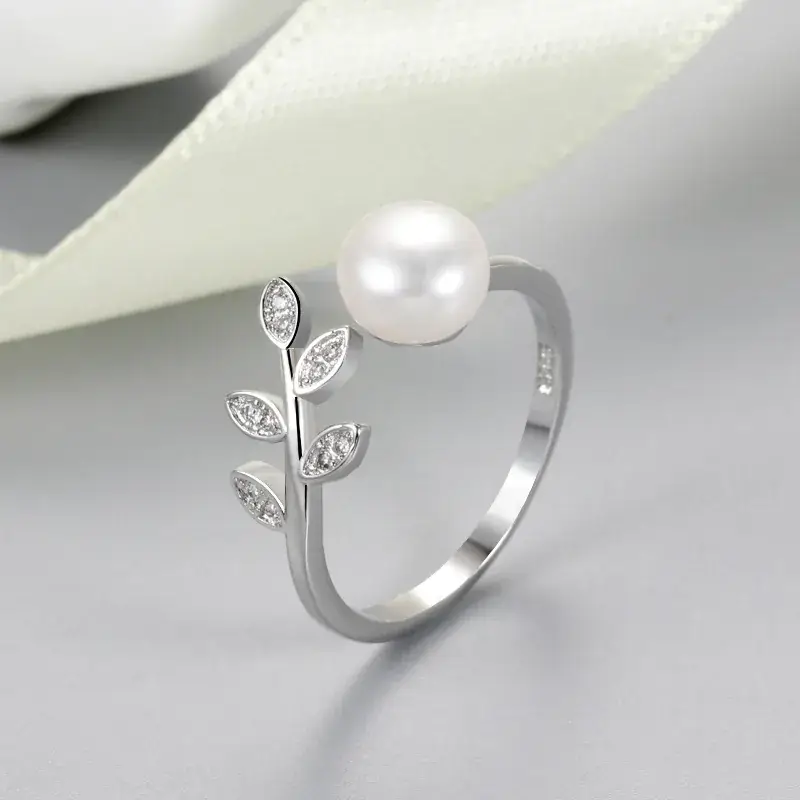 Korean Style Pearl Leaf Open Ring Adjustable Silver - Image 7