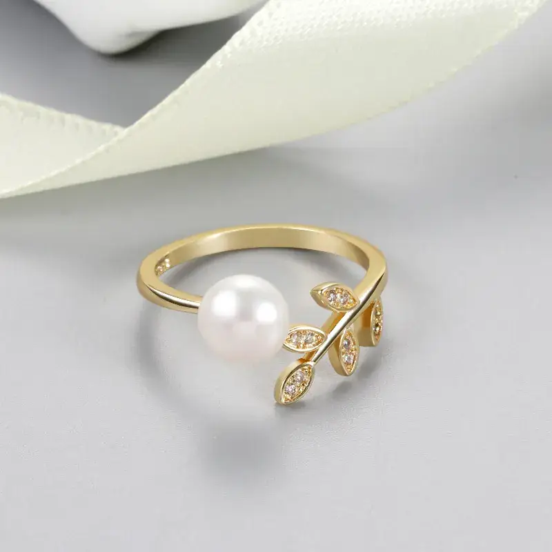 Korean Style Pearl Leaf Open Ring Adjustable Silver - Image 8