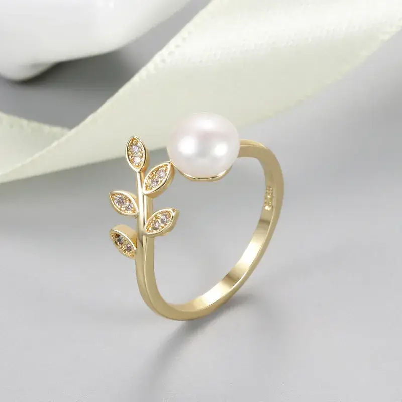 Korean Style Pearl Leaf Open Ring Adjustable Silver - Image 2