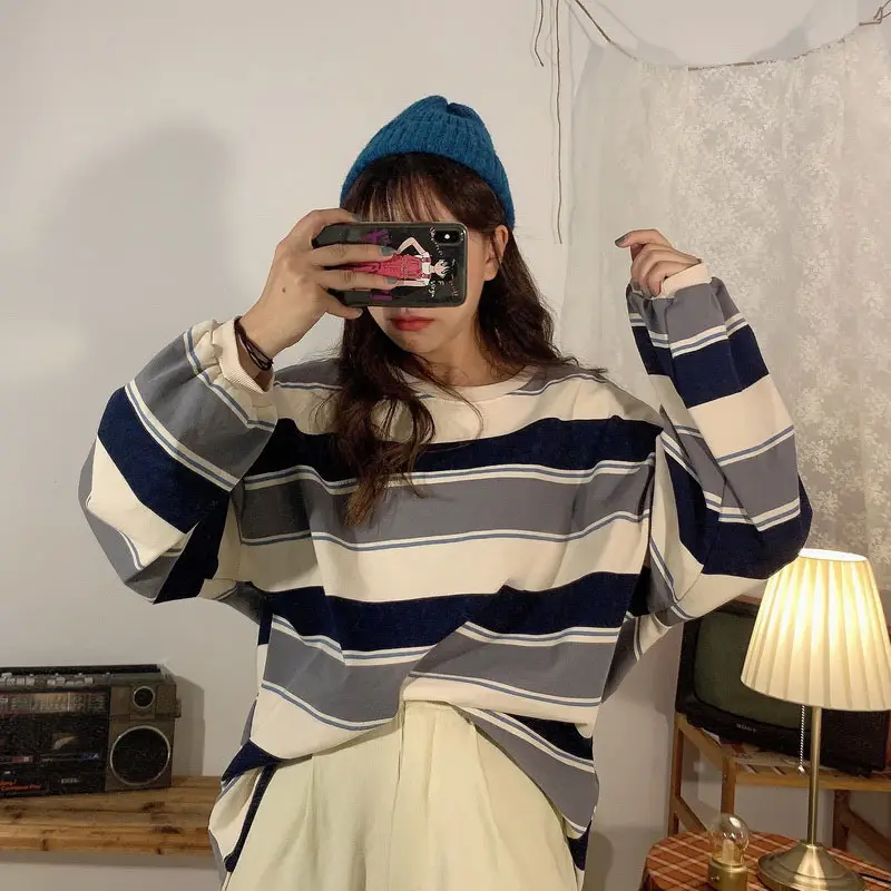 Women Striped Long Sleeve T-Shirt 2020 Autumn Korean Style - Image 2