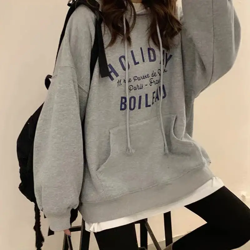 Women Grey Printed Hooded Sweatshirt with Drawstring - Image 5