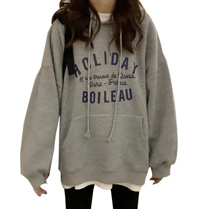 Women Grey Printed Hooded Sweatshirt with Drawstring - Image 8