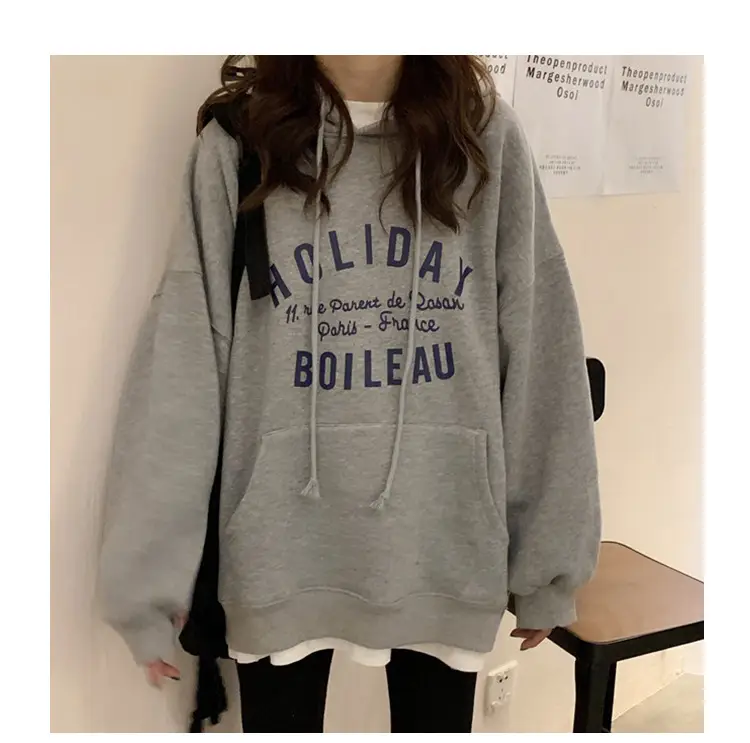 Women Grey Printed Hooded Sweatshirt with Drawstring — feature 2