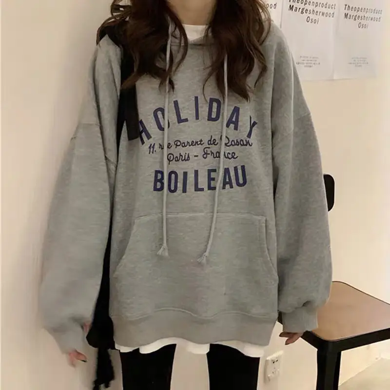 Women Grey Printed Hooded Sweatshirt with Drawstring - Image 2