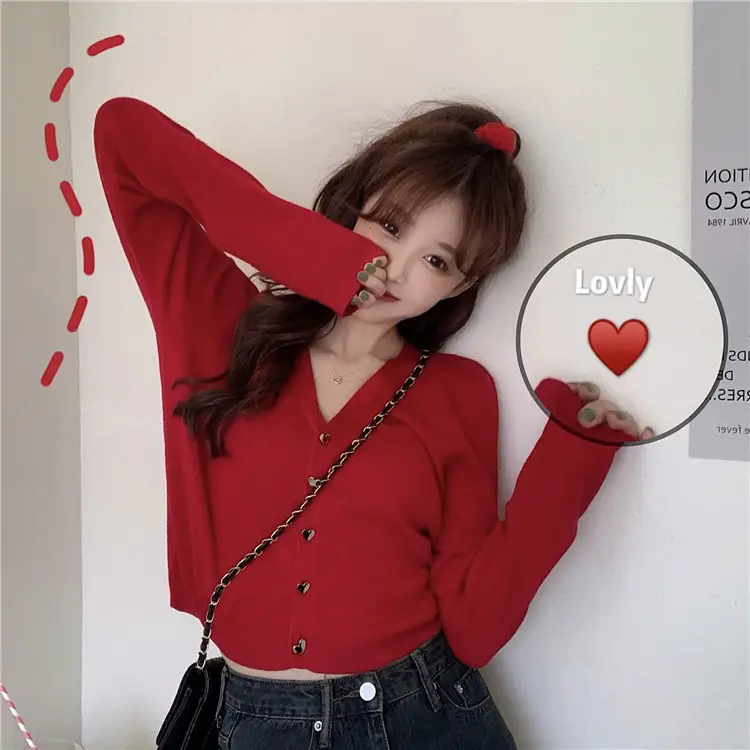 Women Knitted V-Neck Cardigan Sweater Red Winter - Image 9