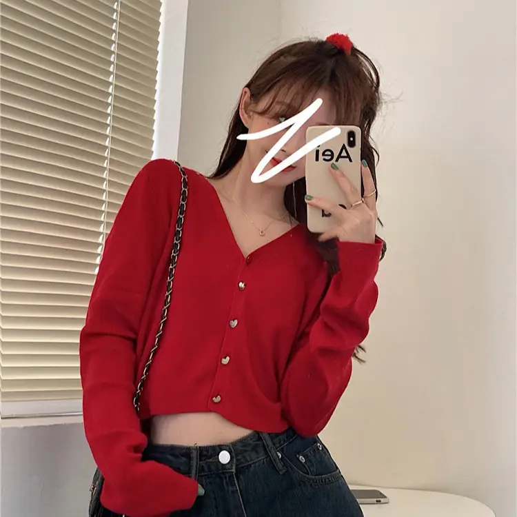 Women Knitted V-Neck Cardigan Sweater Red Winter - Image 10