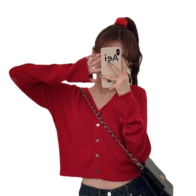 Women Knitted V-Neck Cardigan Sweater Red Winter - Image 11
