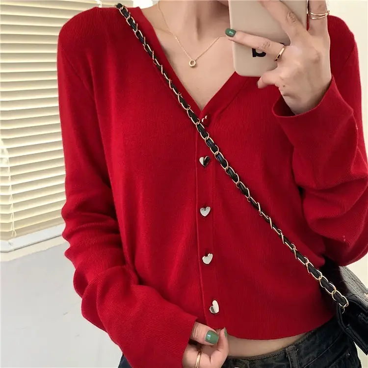 Women Knitted V-Neck Cardigan Sweater Red Winter - Image 3