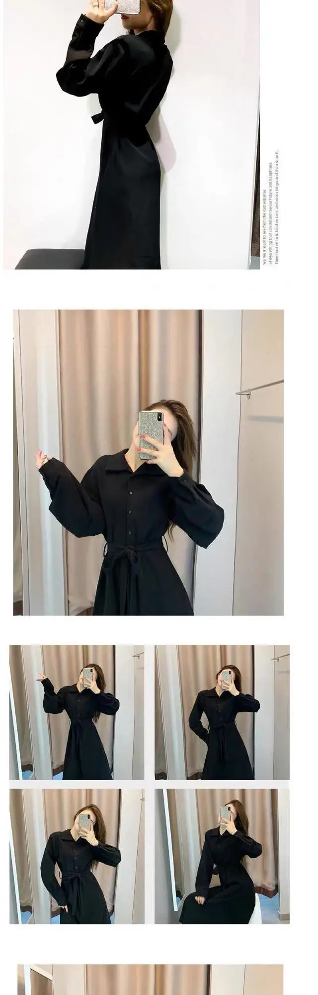 Black Long Shirt Dress for Women with Belt Tie — feature 12