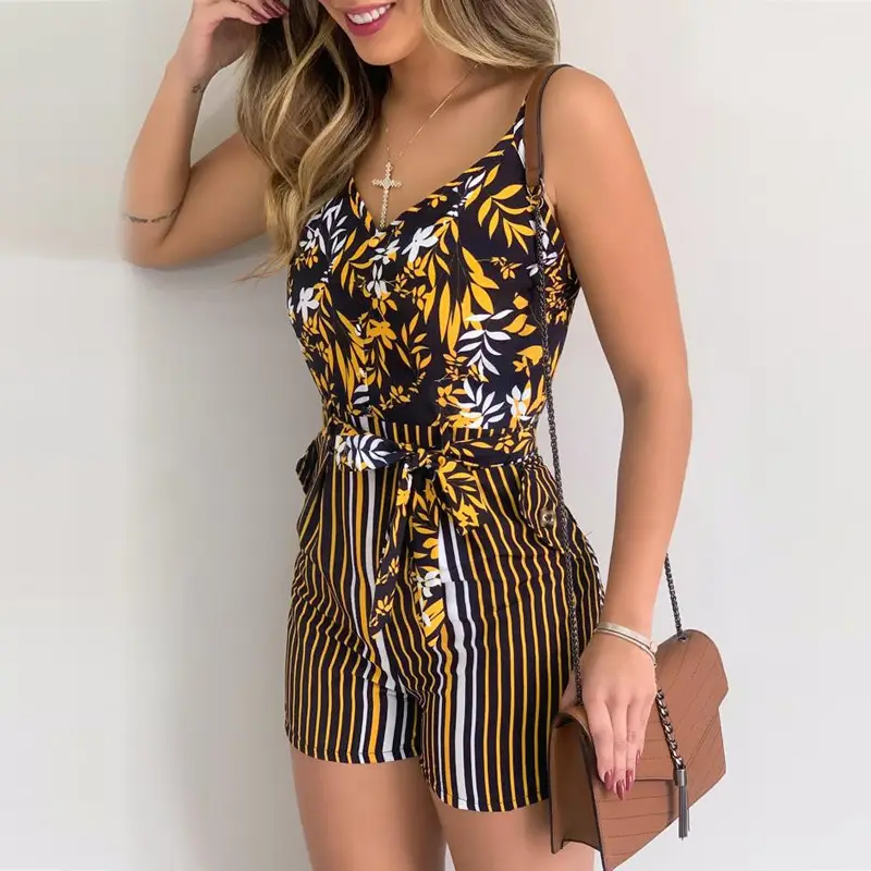 European American Leaf Print Striped Jumpsuit with V Neck - Image 5