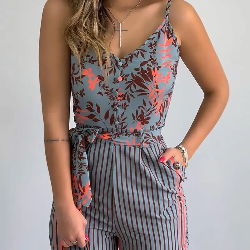 European American Leaf Print Striped Jumpsuit with V Neck - Image 7
