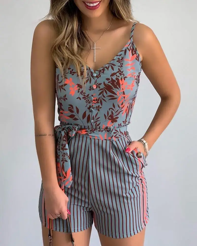 European American Leaf Print Striped Jumpsuit with V Neck — feature 2