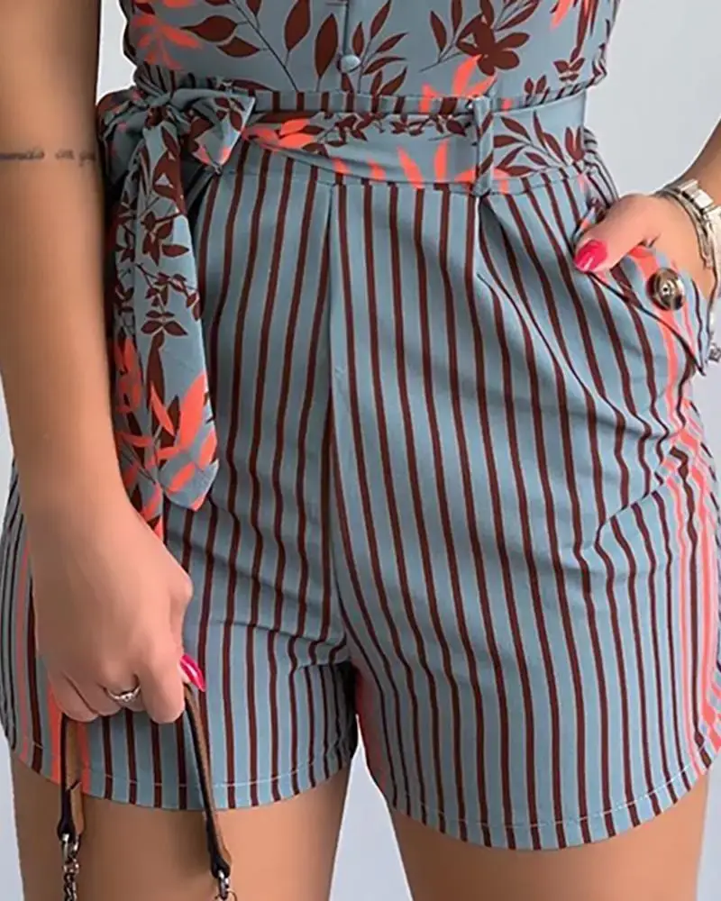 European American Leaf Print Striped Jumpsuit with V Neck — feature 3