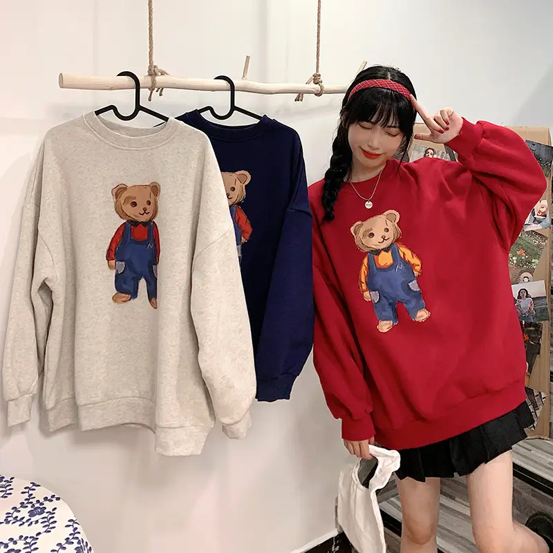 Women Red Bear Print Sweatshirt Set Long Sleeve - Image 4