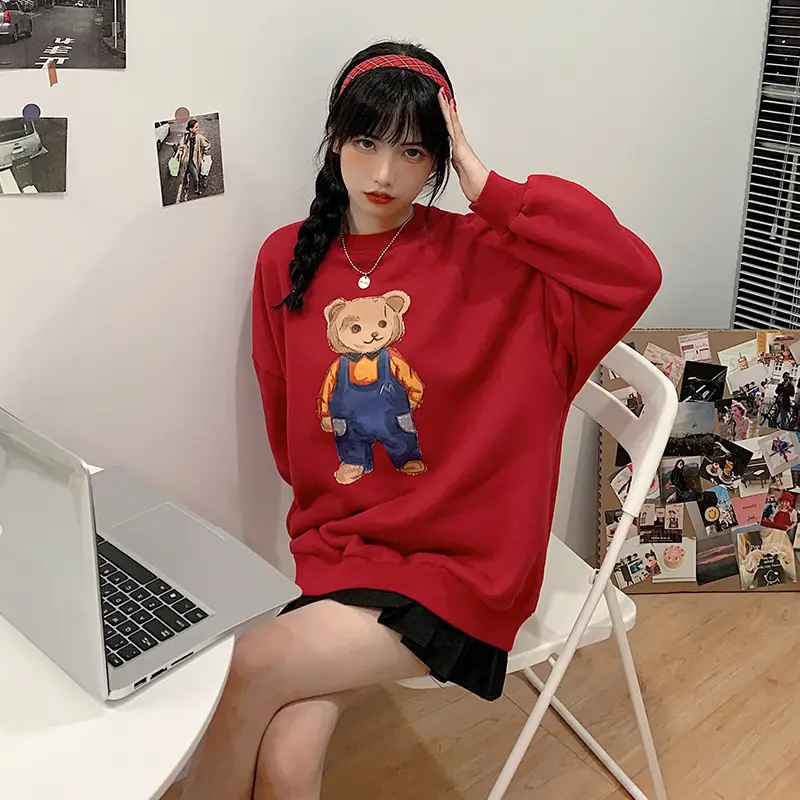 Women Red Bear Print Sweatshirt Set Long Sleeve - Image 6