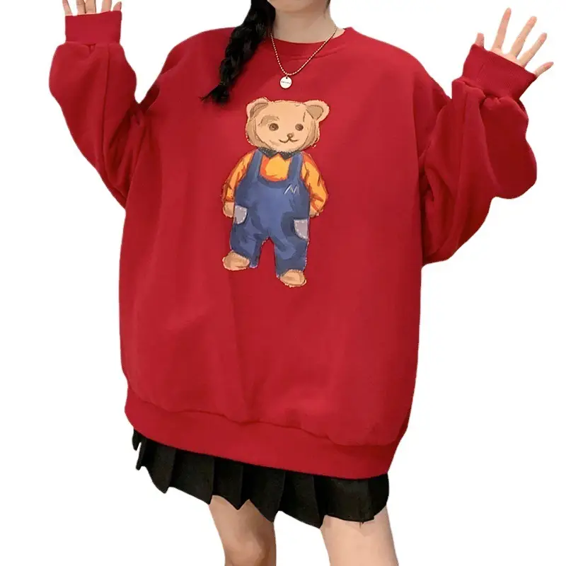 Women Red Bear Print Sweatshirt Set Long Sleeve - Image 8