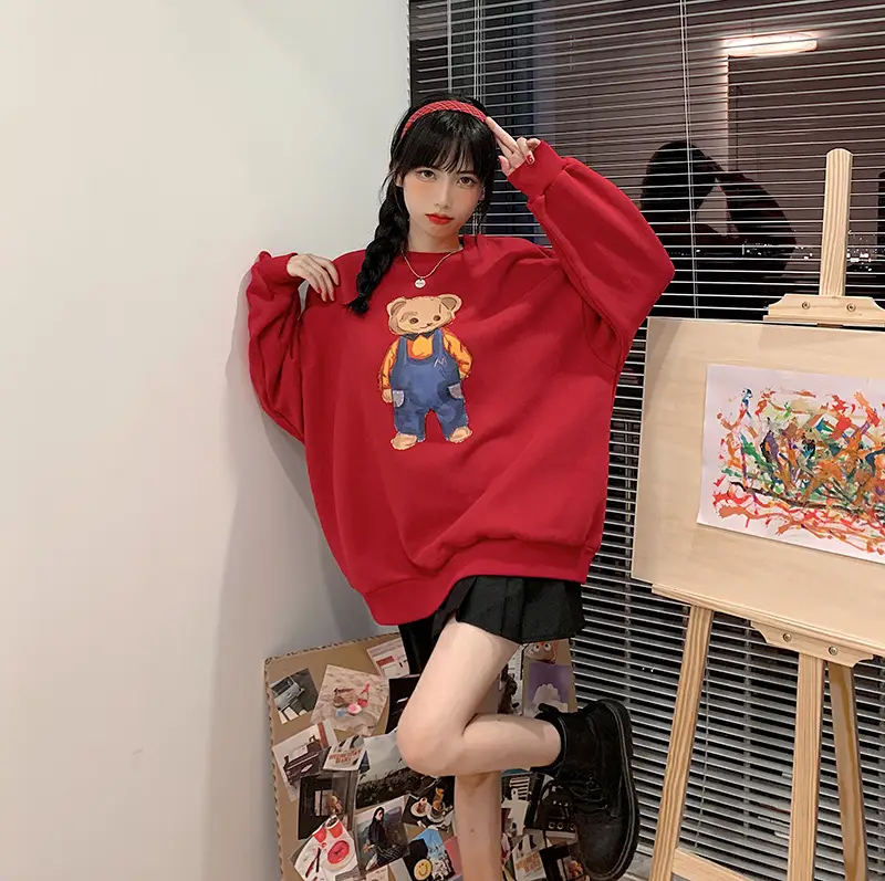 Women Red Bear Print Sweatshirt Set Long Sleeve — feature 17