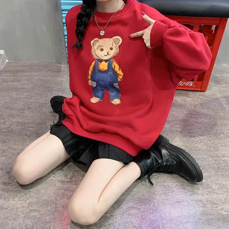 Women Red Bear Print Sweatshirt Set Long Sleeve — feature 18