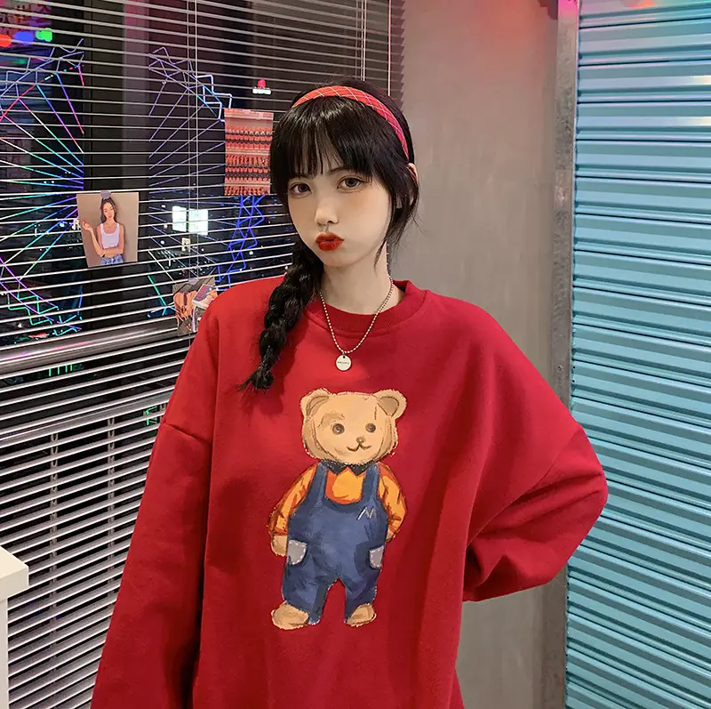 Women Red Bear Print Sweatshirt Set Long Sleeve — feature 21