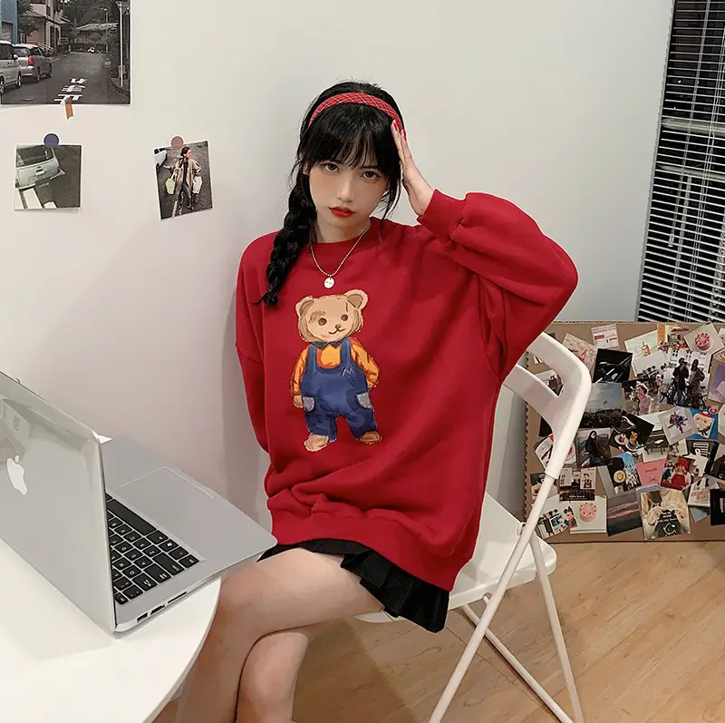 Women Red Bear Print Sweatshirt Set Long Sleeve — feature 22