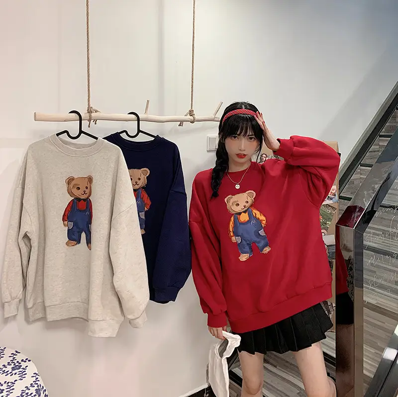 Women Red Bear Print Sweatshirt Set Long Sleeve — feature 23