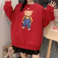 Women Red Bear Print Sweatshirt Set Long Sleeve - Image 3