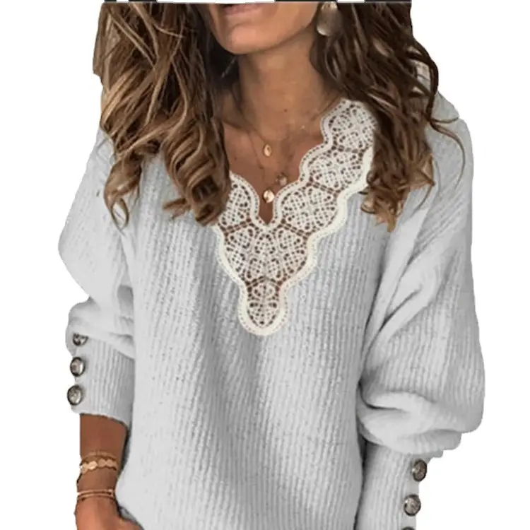 Women's 2022 Lace V-Neck Sweater Grey