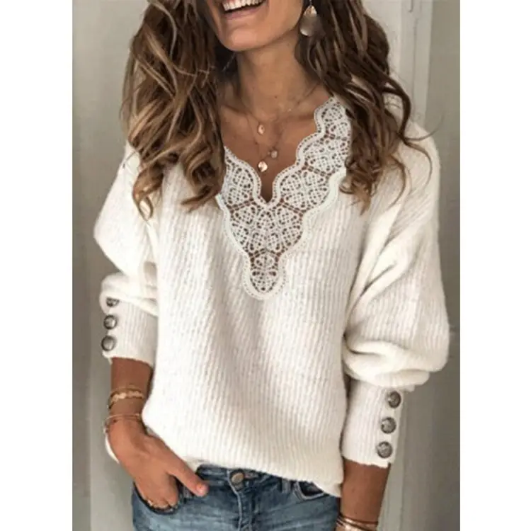 Women's 2022 Lace V-Neck Sweater Grey — feature 10