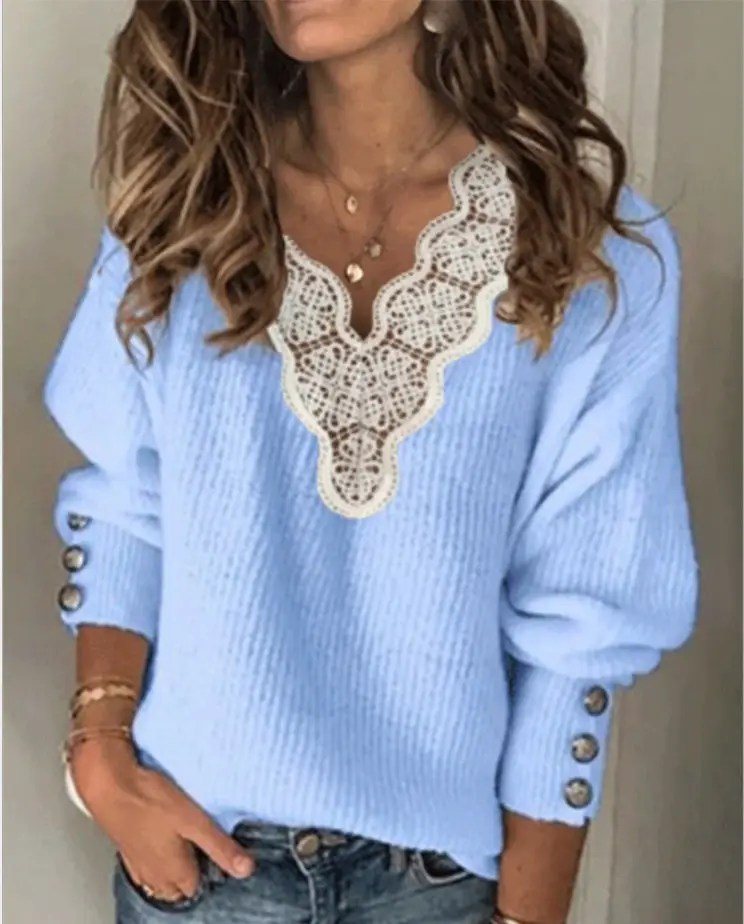 Women's 2022 Lace V-Neck Sweater Grey — feature 5