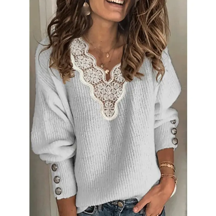 Women's 2022 Lace V-Neck Sweater Grey — feature 6